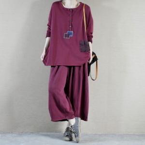 Embroidered Patchwork Oversized Tee with Cotton Wide Leg Pants