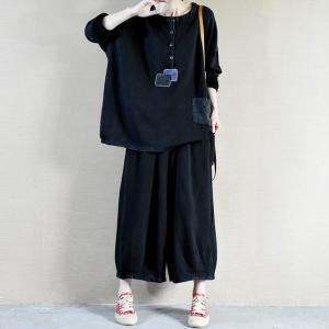 Embroidered Patchwork Oversized Tee with Cotton Wide Leg Pants