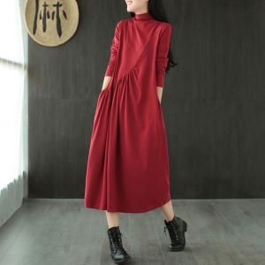 Solid Color Fit and Flare Turtleneck Dress Cotton Midi Knit Dress