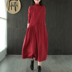 Solid Color Fit and Flare Turtleneck Dress Cotton Midi Knit Dress