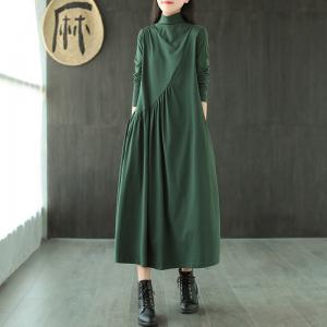 Solid Color Fit and Flare Turtleneck Dress Cotton Midi Knit Dress