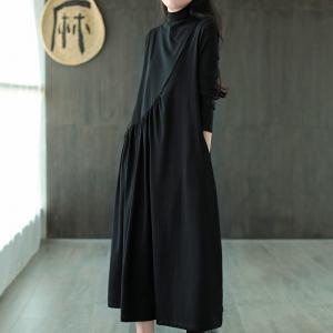 Solid Color Fit and Flare Turtleneck Dress Cotton Midi Knit Dress