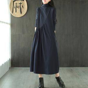Solid Color Fit and Flare Turtleneck Dress Cotton Midi Knit Dress