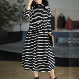 Casual Style Horizontal Striped Dress Loose Cotton Mock Neck Dress