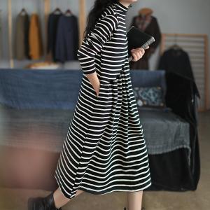 Casual Style Horizontal Striped Dress Loose Cotton Mock Neck Dress