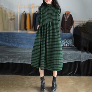 Casual Style Horizontal Striped Dress Loose Cotton Mock Neck Dress