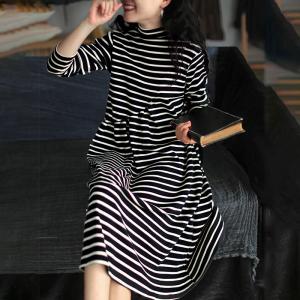 Casual Style Horizontal Striped Dress Loose Cotton Mock Neck Dress