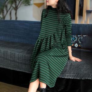 Casual Style Horizontal Striped Dress Loose Cotton Mock Neck Dress