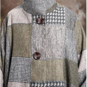 Stand Collar Woolen Checkered Coat Asymmetrical Winter Outerwear