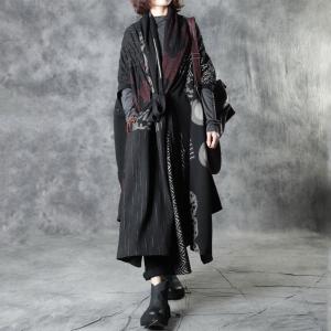 Plus Size Asymmetrical Black Long Coat Wool Printed Designer Wrap Coat