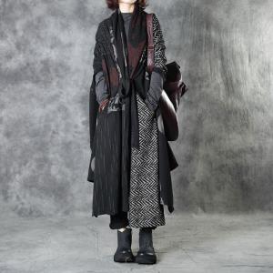Plus Size Asymmetrical Black Long Coat Wool Printed Designer Wrap Coat