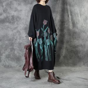 Reversible Cotton Long Sweatshirt Dress Plus Size Black Printed Tshirt Dress