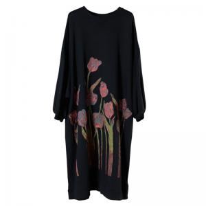 Reversible Cotton Long Sweatshirt Dress Plus Size Black Printed Tshirt Dress