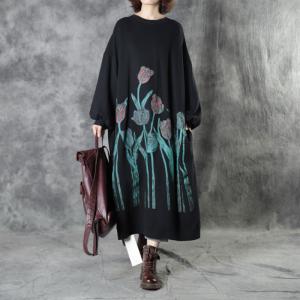 Reversible Cotton Long Sweatshirt Dress Plus Size Black Printed Tshirt Dress