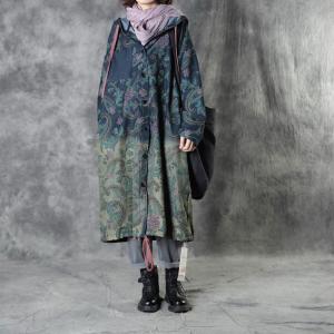 Single-Breasted Art Printed Hooded Coat Long Cotton Large Wind Coat