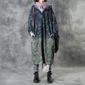 Single-Breasted Art Printed Hooded Coat Long Cotton Large Wind Coat