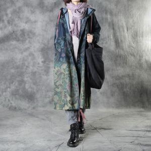 Single-Breasted Art Printed Hooded Coat Long Cotton Large Wind Coat