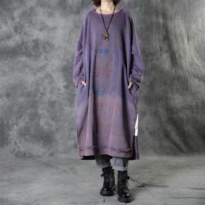 Totem Pattern Cotton Long Dress Womens Fringed Sweatshirt Dress