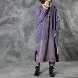 Totem Pattern Cotton Long Dress Womens Fringed Sweatshirt Dress