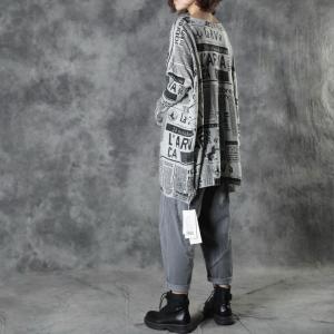 Newspaper Lookalike Letter Pullover Sweater Wool Blend Tunic Sweater
