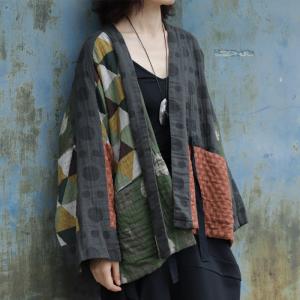 Japanese Style Dotted Quilted Coat Cotton Linen Kimono Jacket