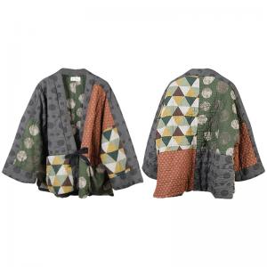 Japanese Style Dotted Quilted Coat Cotton Linen Kimono Jacket