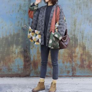 Japanese Style Dotted Quilted Coat Cotton Linen Kimono Jacket