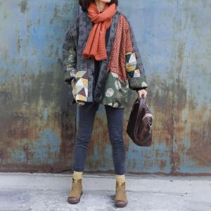 Japanese Style Dotted Quilted Coat Cotton Linen Kimono Jacket