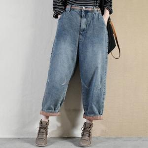 Contrast Colored Winter Cuffed Jeans Womens Thick Baggy Jeans