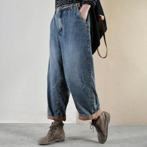 Contrast Colored Winter Cuffed Jeans Womens Thick Baggy Jeans
