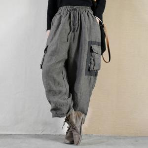 Pocket Decoration Cozy Cotton Linen Pants Loose Pull-On Pants