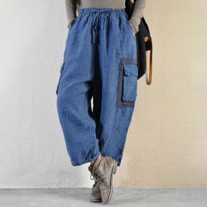 Pocket Decoration Cozy Cotton Linen Pants Loose Pull-On Pants