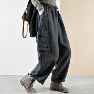 Pocket Decoration Cozy Cotton Linen Pants Loose Pull-On Pants