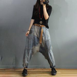 Trendy Patchwork Light Wash Jeans Baggy Korean Harem Jeans