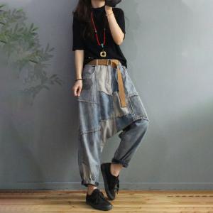 Trendy Patchwork Light Wash Jeans Baggy Korean Harem Jeans