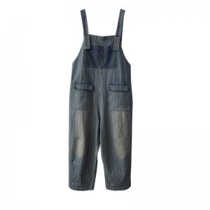 Flap Pockets Vertical Striped Overalls Womens Denim Stonewash Dungarees