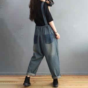 Flap Pockets Vertical Striped Overalls Womens Denim Stonewash Dungarees