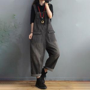 Flap Pockets Vertical Striped Overalls Womens Denim Stonewash Dungarees