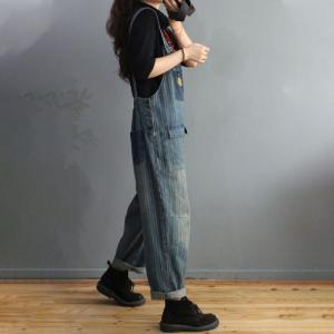 Flap Pockets Vertical Striped Overalls Womens Denim Stonewash Dungarees