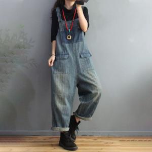 Flap Pockets Vertical Striped Overalls Womens Denim Stonewash Dungarees