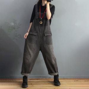 Flap Pockets Vertical Striped Overalls Womens Denim Stonewash Dungarees