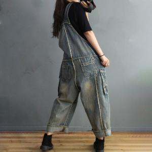 BF Style Fringed Light Wash Overalls Flap Pockets Jean Dungarees