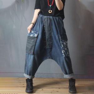 Printed Pocket Harem Jeans Button Fly Denim Hippie Pants