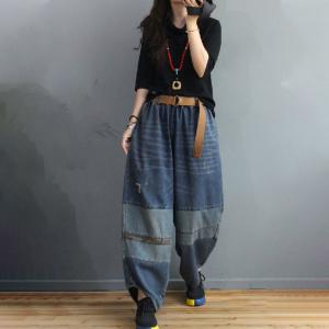 Color Patchwork Dark Blue Dad Jeans Baggy Harem Pants for Women