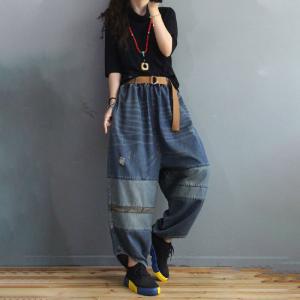 Color Patchwork Dark Blue Dad Jeans Baggy Harem Pants for Women