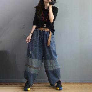 Color Patchwork Dark Blue Dad Jeans Baggy Harem Pants for Women