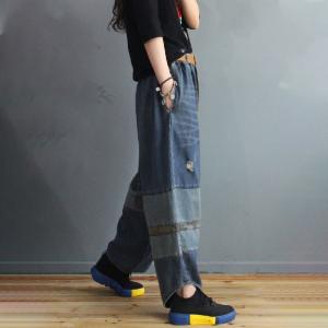 Color Patchwork Dark Blue Dad Jeans Baggy Harem Pants for Women