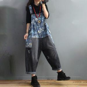 Blue Printing Contrast Dungaree Overalls Denim Ripped Bib Overalls