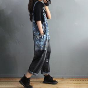 Blue Printing Contrast Dungaree Overalls Denim Ripped Bib Overalls