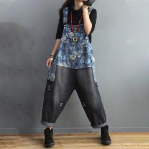 Blue Printing Contrast Dungaree Overalls Denim Ripped Bib Overalls